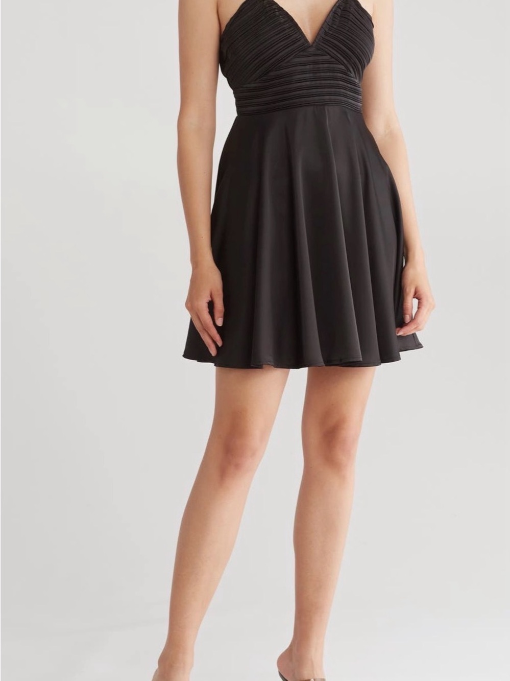 Lush Black Solid Fit & Flare Mini Dress V-Neck Strappy Pleated Chiffon XL NWT